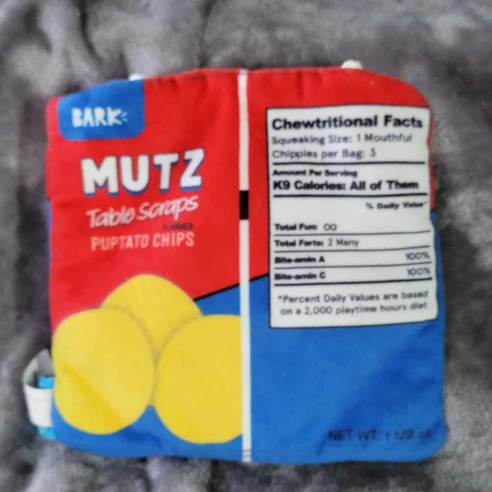 Bark Mutz Puptato Chips Dog Toy OS Red Blue Excellent Crinkle Hide-A-Treat Plush